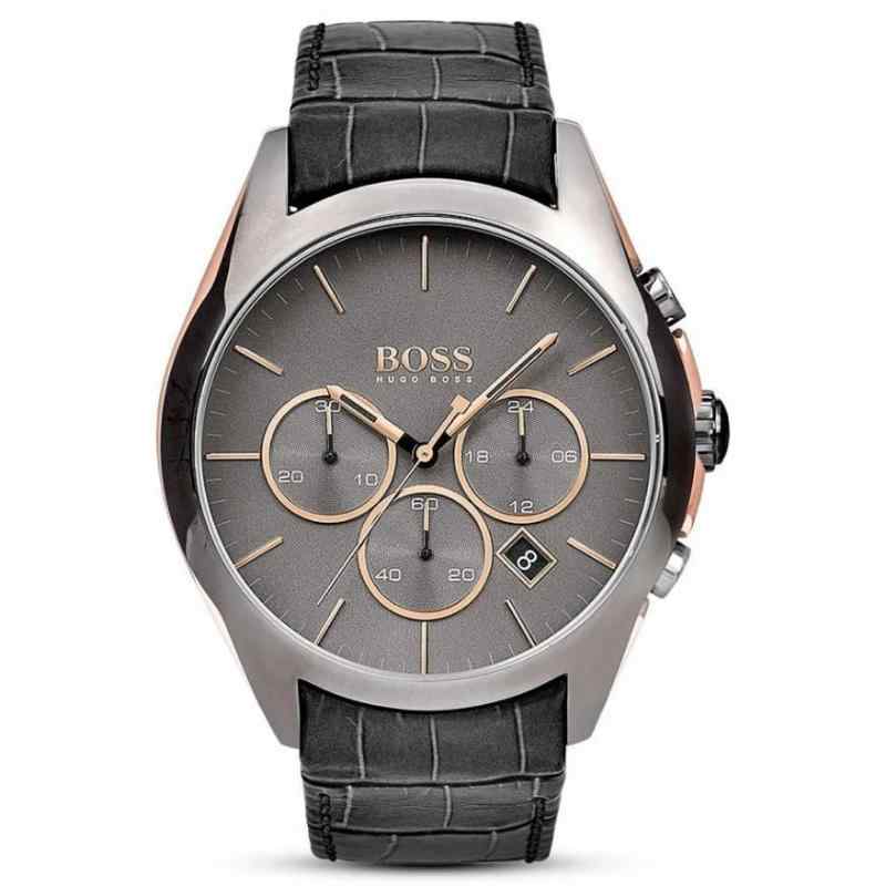 Hugo Boss Onyx 1513366 Chronometer Gray Rose Gold Details Leather Strap Watch