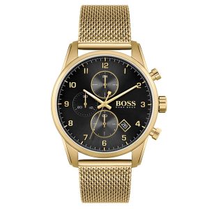Hugo Boss Gold Steel Mesh Black Dial Chronograph Men's Watch 1513838