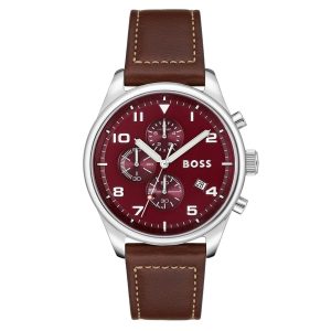 Hugo Boss Brown Leather Red Dial Chronograph Men's Watch 1513988