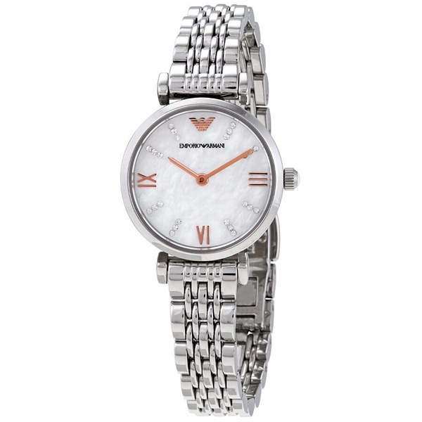 Emporio Armani Gianni T-Bar Quartz Crystal White Mother of Pearl Dial Ladies Watch AR11204