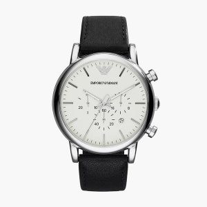 Emporio Armani Men's Chronograph White Dial Black Leather Watch AR1807