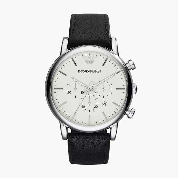 Emporio Armani Men's Chronograph White Dial Black Leather Watch AR1807