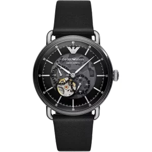 Emporio Armani Meccanico AR60026 Skeleton Dial Black Leather Strap Watch