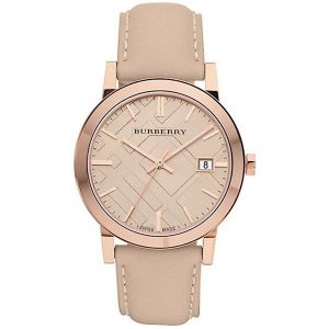 Burberry BU9014 Unisex Tan Check Dial Leather Watch - Rose Gold-tone 38mm