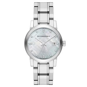Burberry BU9125 Women's 34mm Check Stamped Silver Watch with Diamond Indexes