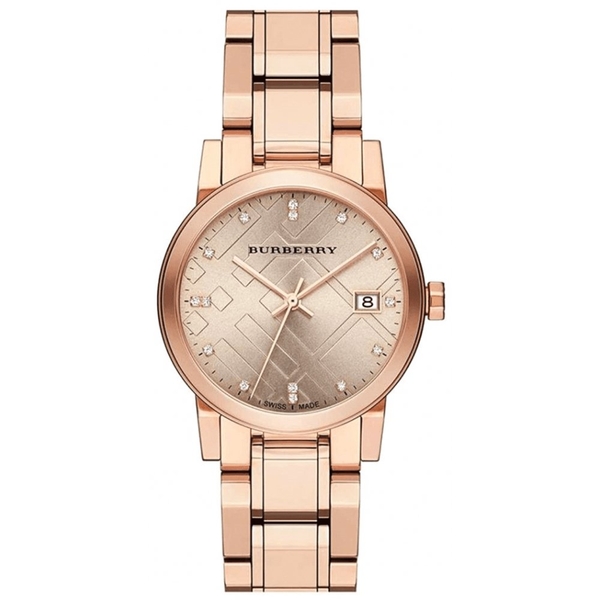 Burberry BU9126 Women's Diamond Accent Rose Gold Check Stamped Swiss Quartz Watch (34mm)