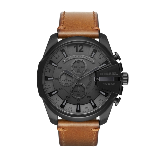 Diesel Mega Chief Men's Quartz Watch - Grey Dial, Brown Leather Strap (51mm)