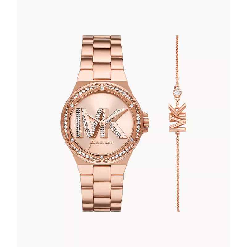 Michael Kors Lennox Three Hand Rose Gold Tone Stainless Steel Watch and Sterling Silver Bracelet Set
