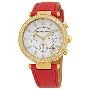 Michael Kors Parkers Chronograph Pink Leather Watch Gold Tone & White MK2297