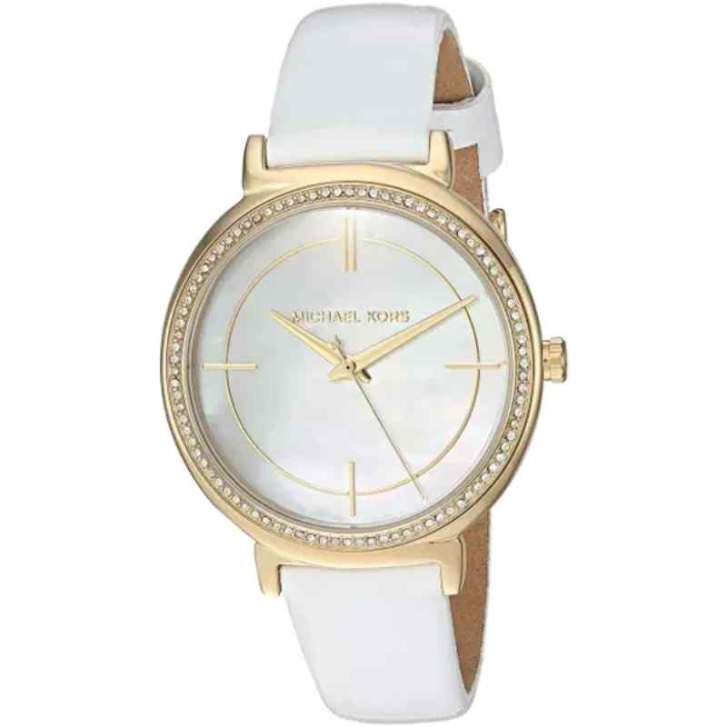 Michael Kors MK2662 Women's Gold Tone Watch with Pearl Dial and White Leather Strap