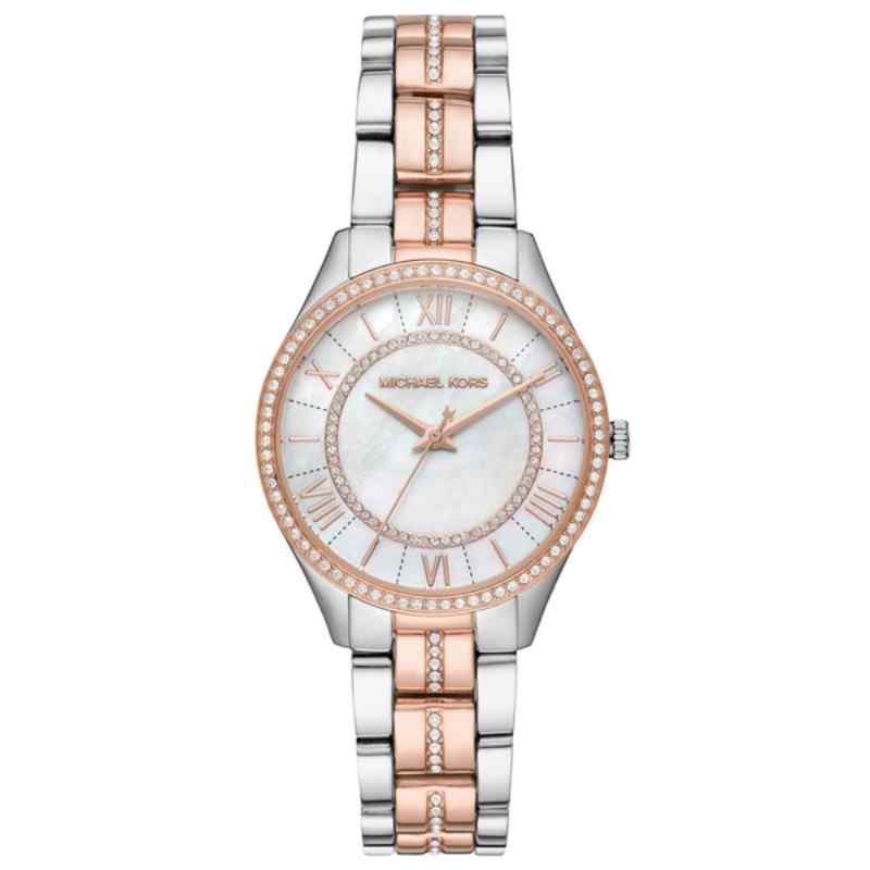 Michael Kors Lauryn Two Tone Crystal Embellished Watch White Mother of Pearl Dial MK3979