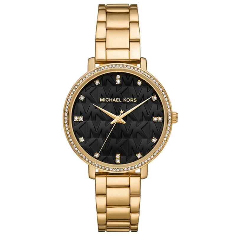 Michael Kors Pyper Black MK Patterned Watch Gold Tone Stainless Steel MK4593