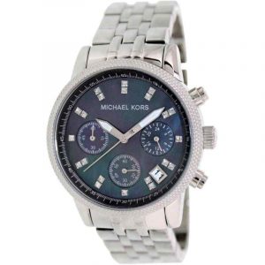 Michael Kors Jet Set Chronograph Black Mother of Pearl Dial Ladies' Watch Silver Tone MK5021