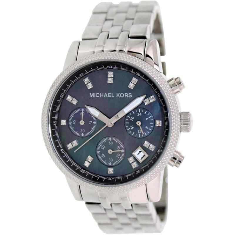 Michael Kors Jet Set Chronograph Black Mother of Pearl Dial Ladies' Watch Silver Tone MK5021