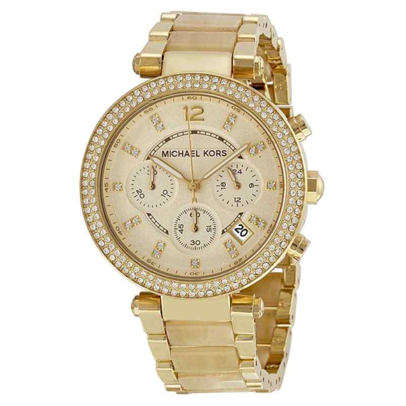 Michael Kors Parker Chronograph Champagne Dial Ladies' Watch Gold Tone Stainless Steel & Acetate