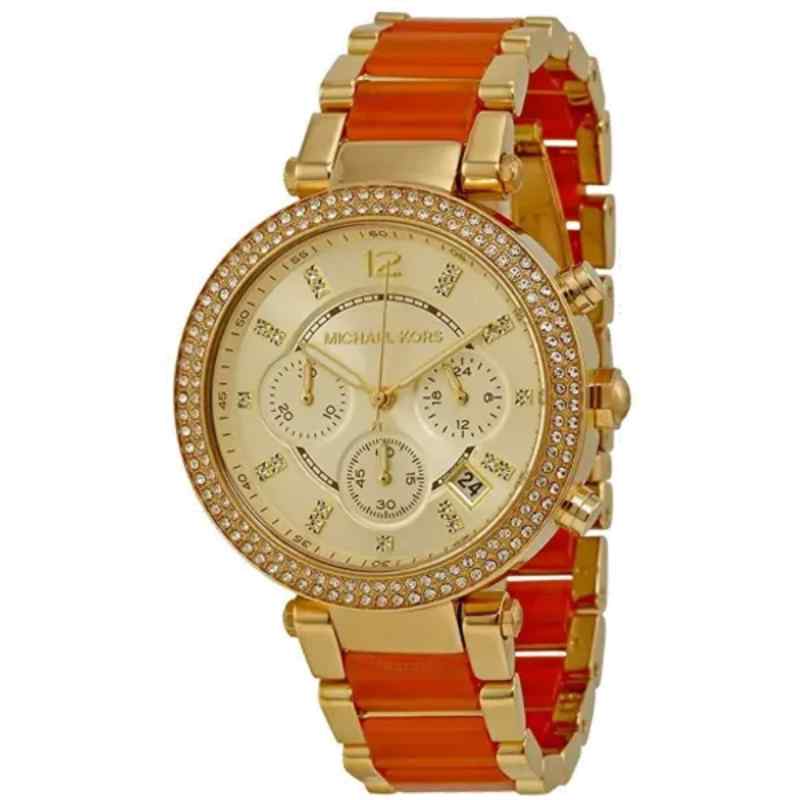 Michael Kors MK6139 Women's Gold Tone Stainless Steel Watch with Orange Accents