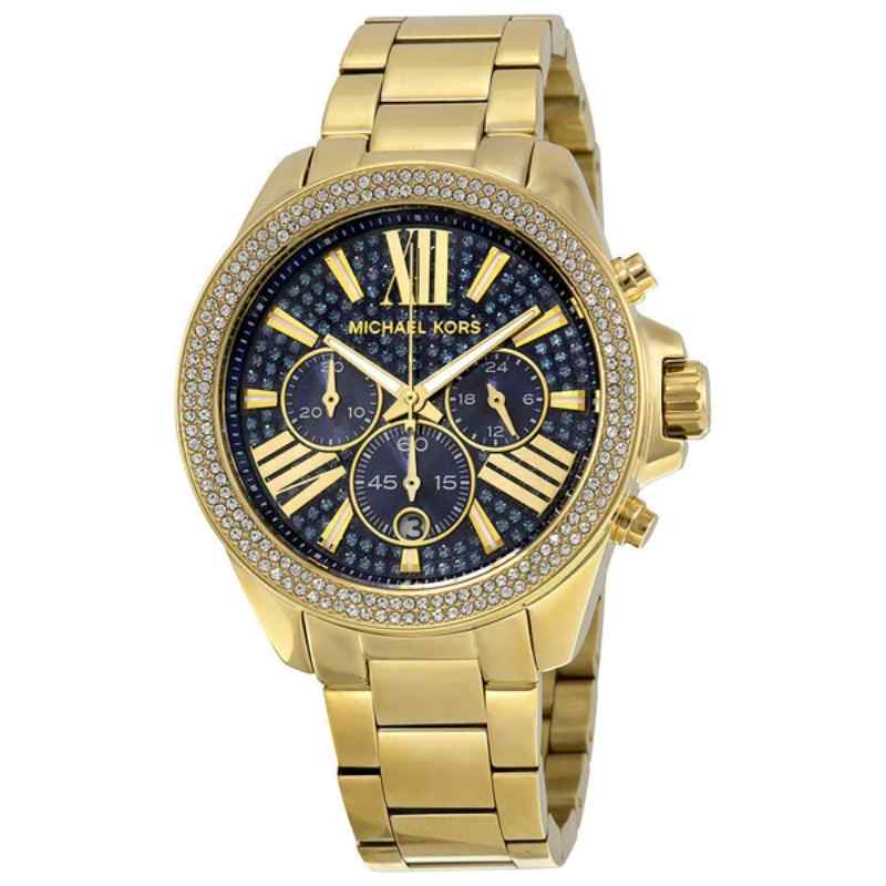 Michael Kors Wren Chronograph Gold Tone & Blue Crystal Pave Watch MK6291