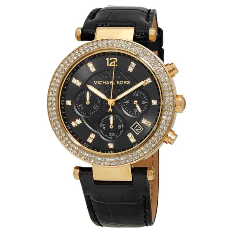 Michael Kors Parker Chronograph Gold Tone & Black Leather Women's Watch MK6984