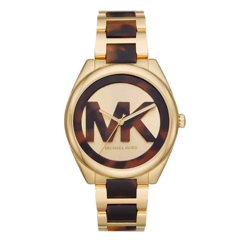 Michael Kors Janelle Gold Tone Watch with Brown Logo Dial MK7136