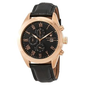 Maserati Traguardo Men's Rose Gold-Tone Chronograph Watch with Black Leather Strap (R8871612002)