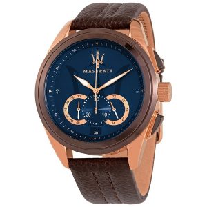 Maserati Traguardo Chronograph Men's Watch - Blue Dial, Rose Gold & Brown Leather