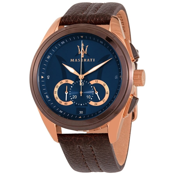 Maserati Traguardo Chronograph Men's Watch - Blue Dial, Rose Gold & Brown Leather