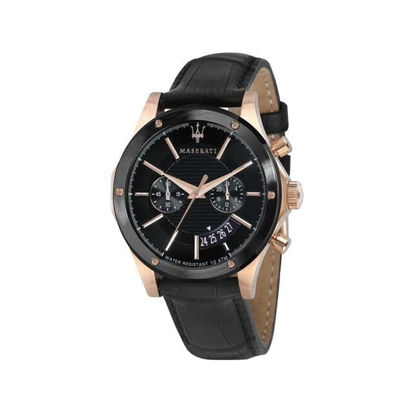 Maserati Circuito Men's Rose Gold-Tone Chronograph Watch with Black Leather Strap (R8871627001)