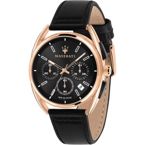 Maserati Trimarano Chronograph Black Dial Men's Watch - Rose Gold & Black Leather
