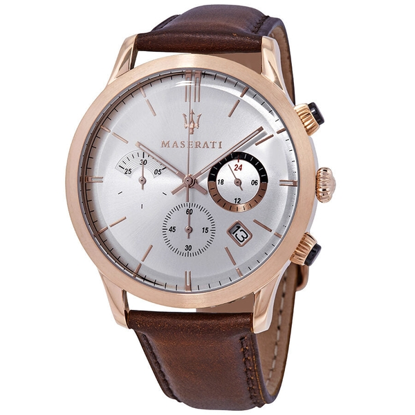 Maserati Ricordo Chronograph Men's Watch - Silver Dial, Rose Gold Case, Brown Leather Strap (R8871633002)