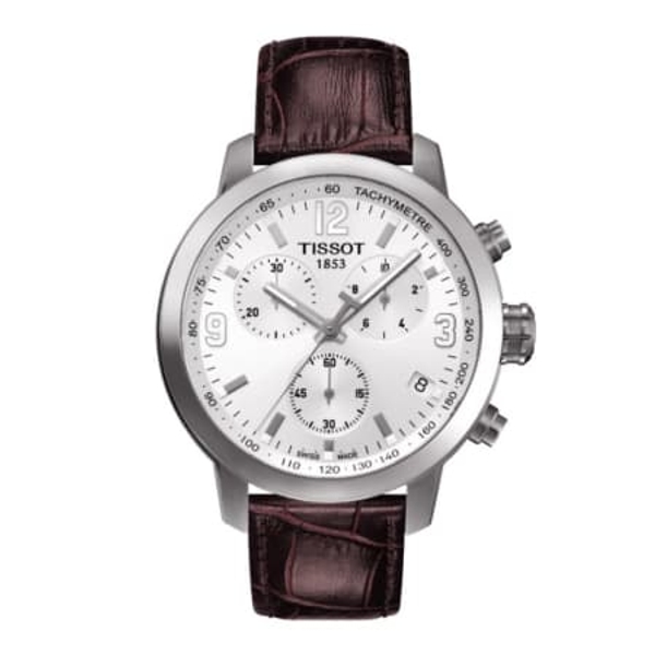 Tissot PRC 200 Chronograph Men's Watch - Silver Dial, Brown Leather Strap (T055.417.16.017.01)