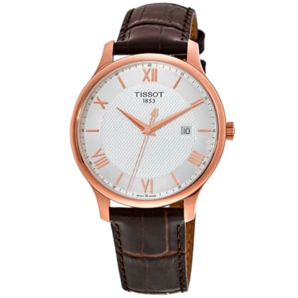 Tissot T-Classic Tradition Men's Watch - 42mm Silver Dial, Rose Gold & Brown Leather