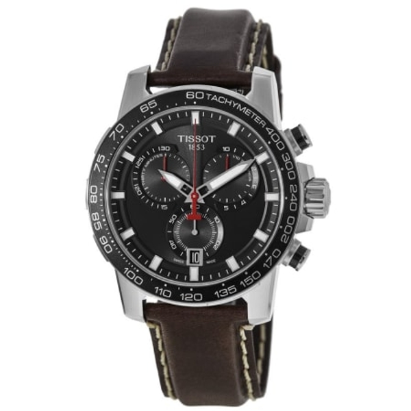 Tissot Supersport Chrono Men's Watch - Black Dial & Brown Leather Strap (45.5mm)