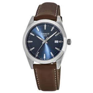 Tissot Gentleman Swiss Quartz Watch with Blue Dial and Brown Leather Strap (40mm)