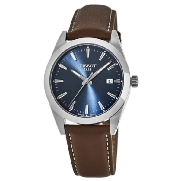 Tissot Gentleman Swiss Quartz Watch with Blue Dial and Brown Leather Strap (40mm)