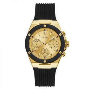 Guess Men's Multifunction Watch - 39mm Gold Tone Case & Black Silicone Strap GW0030L2
