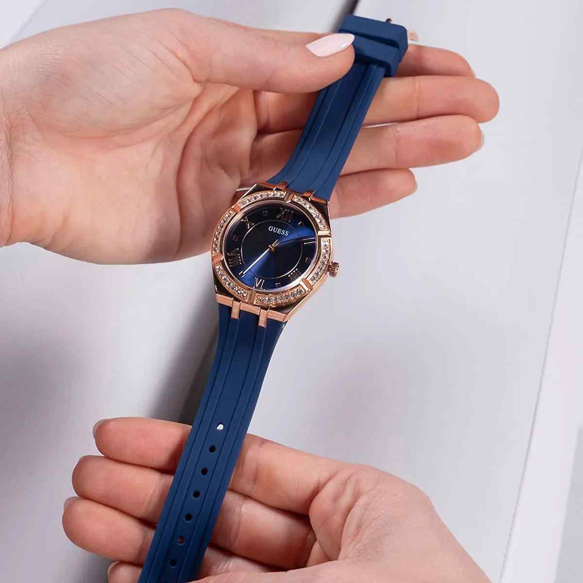 Guess Ladies Cosmo Watch - 36mm Rose Gold Case & Blue Silicone Strap GW0034L4 - Image 5
