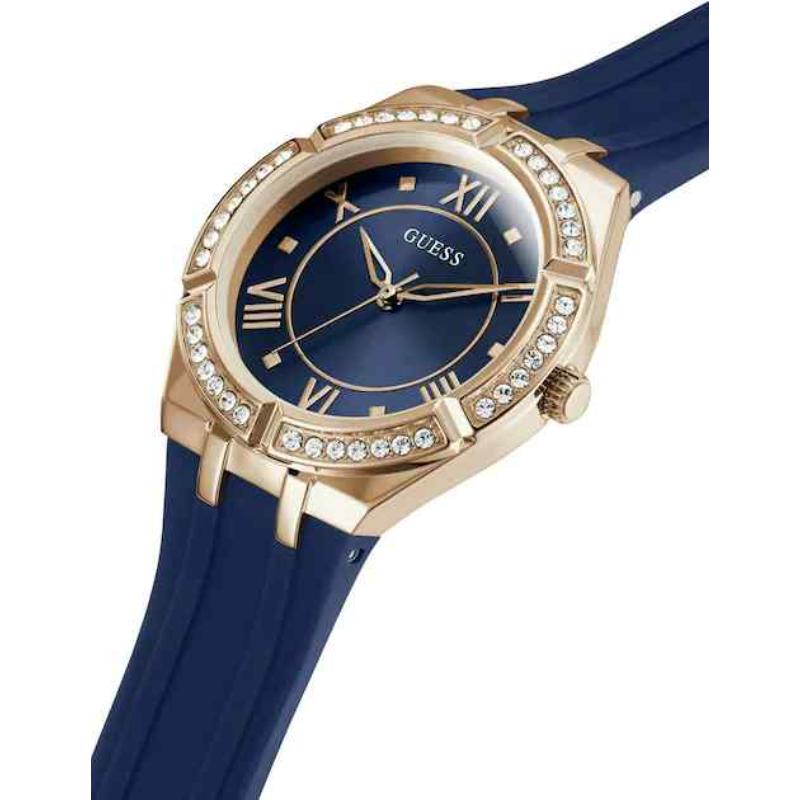 Guess Ladies Cosmo Watch - 36mm Rose Gold Case & Blue Silicone Strap GW0034L4 - Image 2