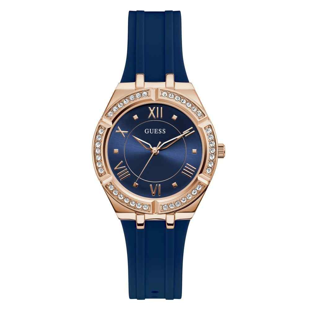 Guess Ladies Cosmo Watch - 36mm Rose Gold Case & Blue Silicone Strap GW0034L4