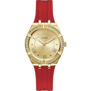 Guess Ladies Cosmo Watch - 36mm Gold Tone Case & Red Silicone Strap GW0034L6