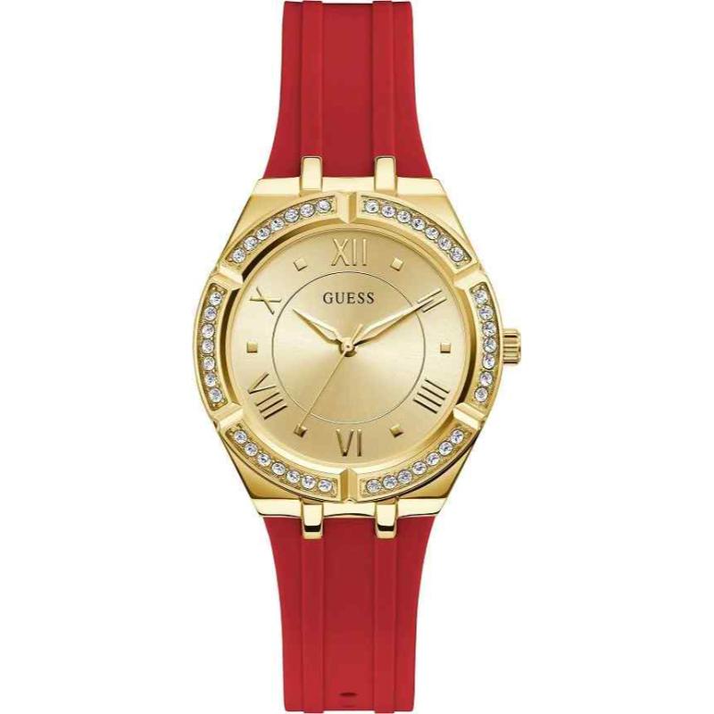 Guess Ladies Cosmo Watch - 36mm Gold Tone Case & Red Silicone Strap GW0034L6