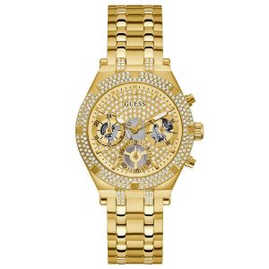 Guess Heiress Ladies Multifunction Watch - 38mm Gold PVD Crystal Bezel & Bracelet GW0440L2