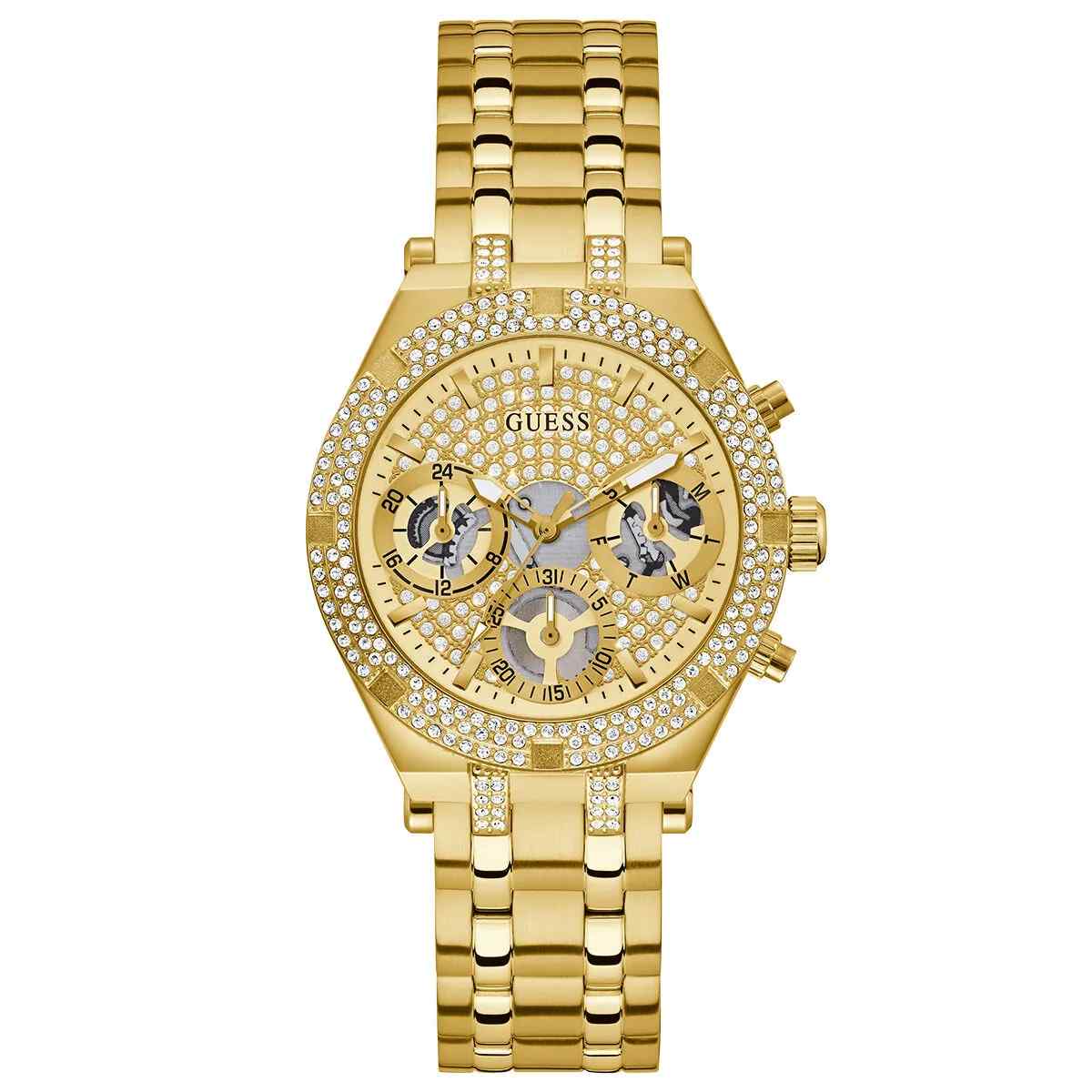 Guess Heiress Ladies Multifunction Watch - 38mm Gold PVD Crystal Bezel & Bracelet GW0440L2