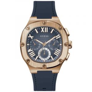 Guess Headline Men's Multifunction Watch - 42mm Rose Gold PVD & Navy Silicone Strap GW0571G2