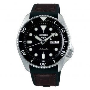 Seiko 5 Sports Genuine Brown Leather & Black Silicone Strap Automatic Black Dial Men’s Watch SRPD55K2