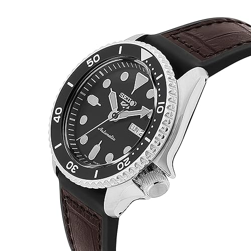 Seiko 5 Sports Genuine Brown Leather & Black Silicone Strap Automatic Black Dial Men’s Watch SRPD55K2 - Image 2