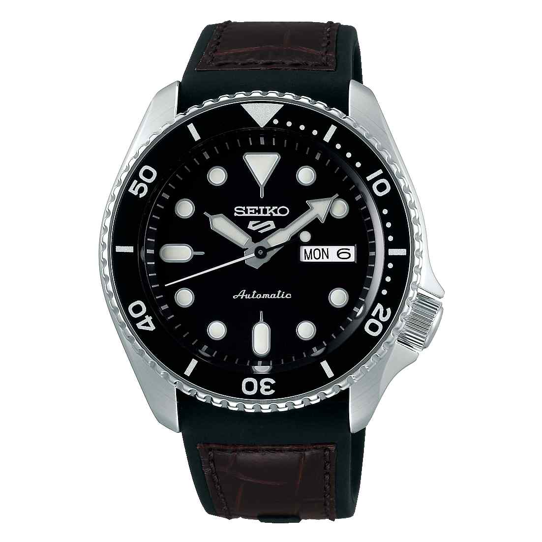 Seiko 5 Sports Genuine Brown Leather & Black Silicone Strap Automatic Black Dial Men’s Watch SRPD55K2