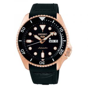 Seiko 5 Sport Automatic SRPD76K1 Black Dial Black Leather Strap Rose Gold Tone Bezel Men's Watch