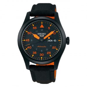 Seiko 5 SRPH33K1 Flieger Pilot/Aviation Style Automatic Black and Orange Dial Canvas Strap Men’s Watch