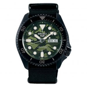 Seiko 5 SRPJ37K1 Sports Camouflage Street Style Green Dial Black Textile NATO Strap Men’s Watch