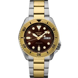 Seiko 5 Sports SRPK24 U.S Special Creation Brown Dial Two-Tone Gold Silver Stainless Steel Strap Automatic Men's Watch